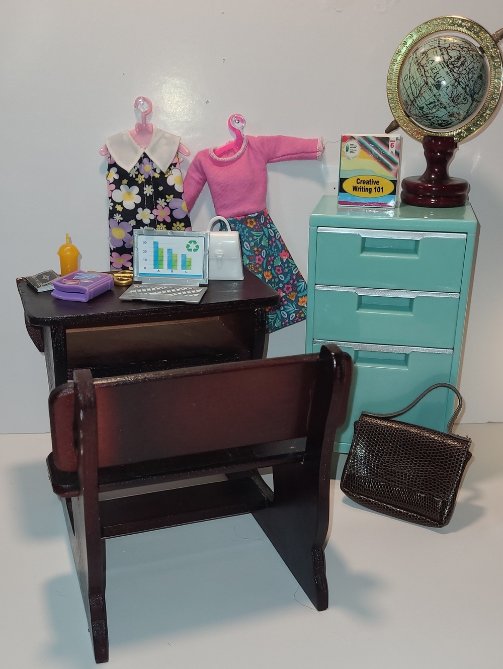 Barbie Mint Green Drawer Cabinet with Dark Wood Desk and Pink Outfit